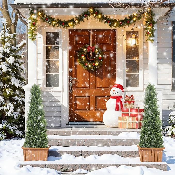 Artificial Cedar Topiary Trees Set of 2, 48'' UV Resistant Faux Cypress Pine Plants Outdoor, 4ft Large Realistic Faux Evergreen Cone Bushes & Shrubs for Front Porch Planter Christmas Decor