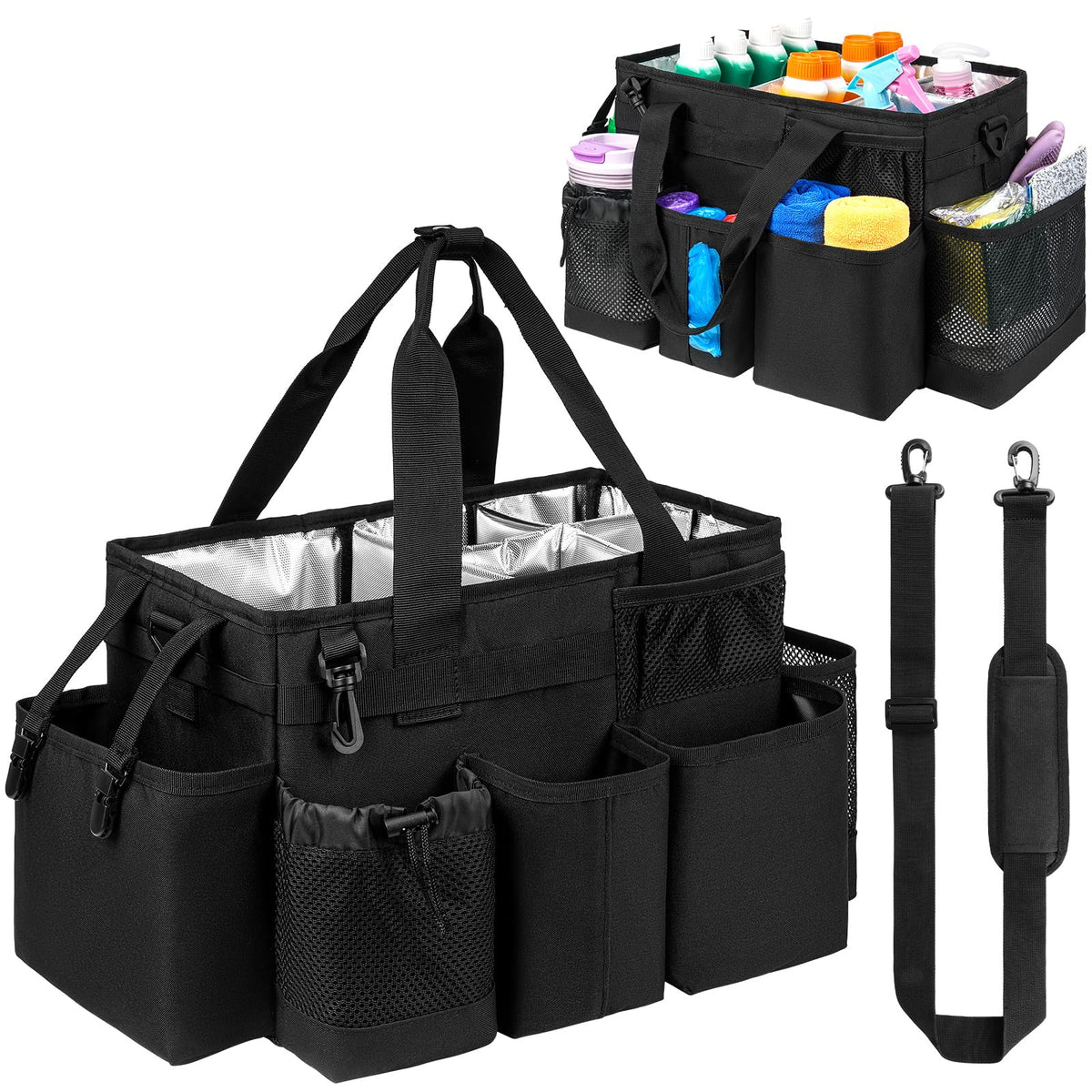 Cleaning Caddy Bag, Cleaning Supplies Organizer for Housekeepers, Housekeeping Caddy with Handle and Detachable Padded Cushion, Black