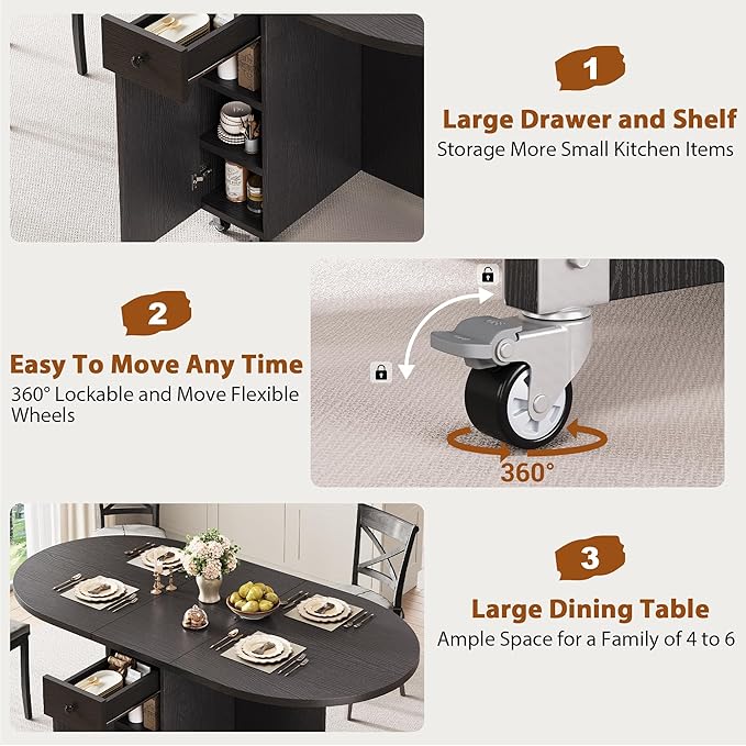 Folding Dining Table for 4 Kitchen Dining Room DinnerTable with Storage Drawer Space Saving Oval Foldable Drop Leaf Gateleg Furniture for Small Space (Black, 51 * 31.5 * 30)