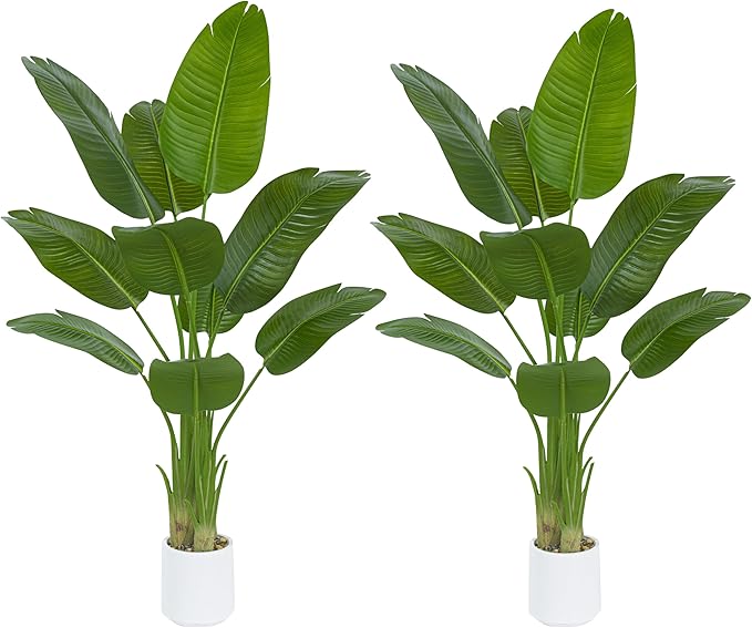 Pack 2 Artificial Bird of Paradise Plant 5FT Fake Palm Tree Feaux Plants in White Pot Artificial Tree Fake Plant for Indoor Outdoor Modern Decoration for Home Living Room Office