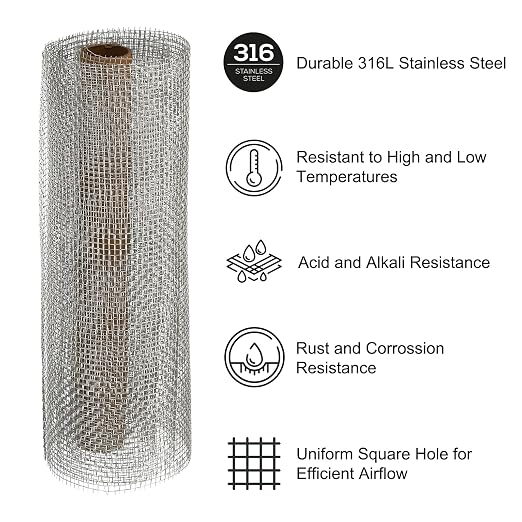 PATIKIL 40" L x 10" W Woven Wire Mesh, 6 Mesh 316L Stainless Steel Air Vent