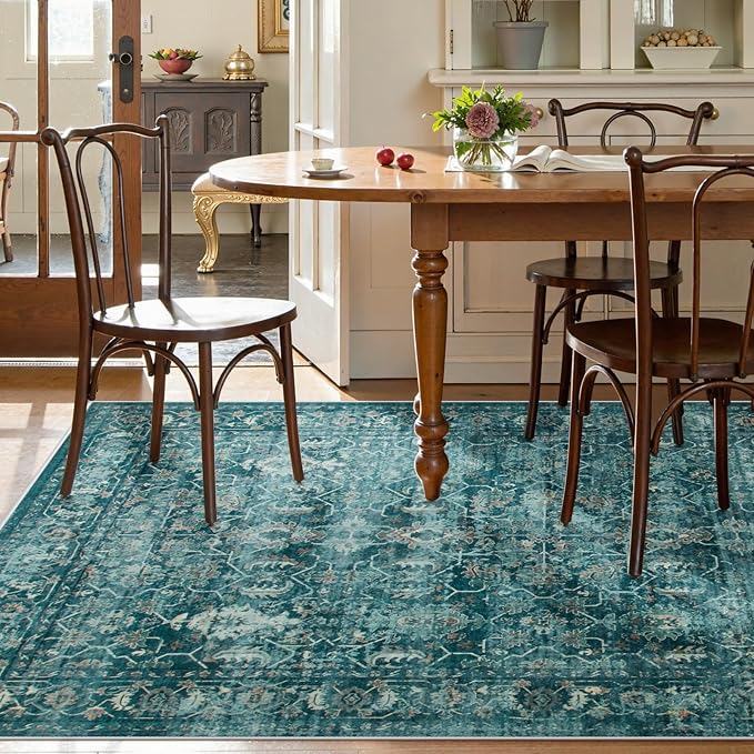 Lahome Vintage 5x7 Washable Blue Rugs for Living Room Bedroom, Soft Dining Room Rugs for Under Table, Non Slip Indoor Throw Carpet for Entryway Kitchen Office (5x7ft,Blue)