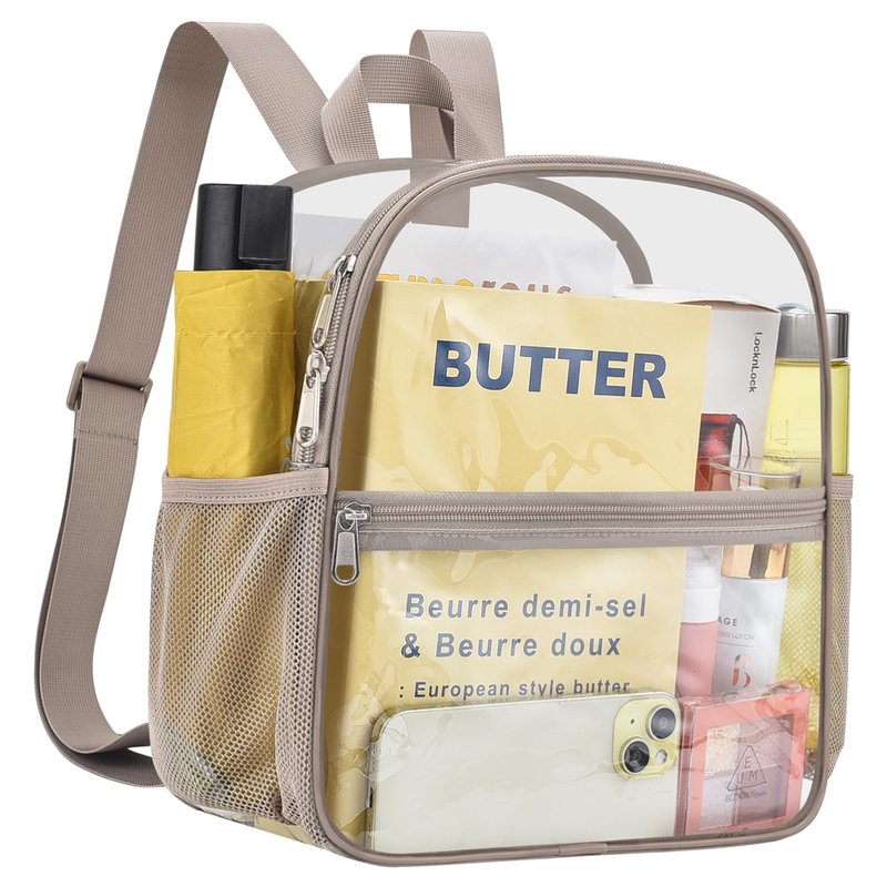 Slumou Clear Backpack for Stadium Events 12x12x6 Sports Backpack Mini Small for Fan, Concert, Beach, Work, Travel & Sporting（Khaki）