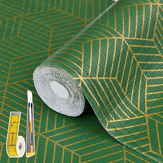 Shelf Liners for Kitchen Cabinets 23.6in x 30FT, Non Adhesive Cabinet Liner Strong Non-Slip Thickened Gold Green Geometric Drawer Liner, Easy to Clean for Shelf, Cabinet with Knife and Tape Measure