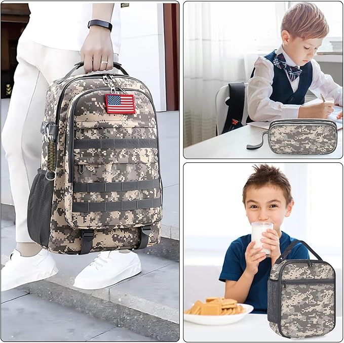 School Backpack for Boys - 4pcs Camo Boys Backpack with Lunch Box Set for Kids Teens Elementary Middle School - 18″ Camouflage Bookbag with Usb Charging Port