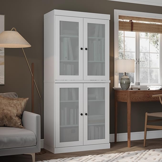 Palace Imports Solid Wood Bookcase - 6-Tier Floor Standing Bookshelf, 71.5" Tall Storage Shelf, 32” Wide - White, Frosted Glass Doors for Living Room, Renewable 100% Eco-Friendly Wood, Made in Brazil