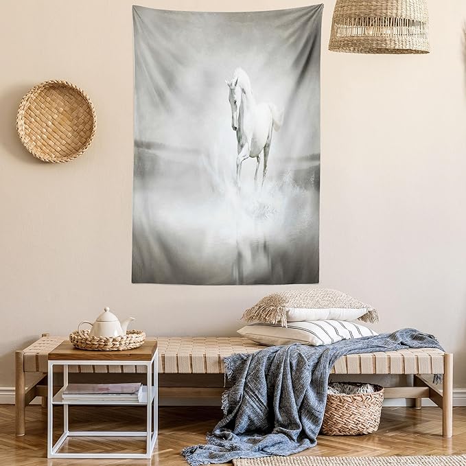 Ambesonne Horses Tapestry Queen Size, Wild Horse Running Through Water Dramatic for the Motivation of Life Art, Wall Hanging Bedspread Bed Cover Wall Decor, 88" X 88", Black and White