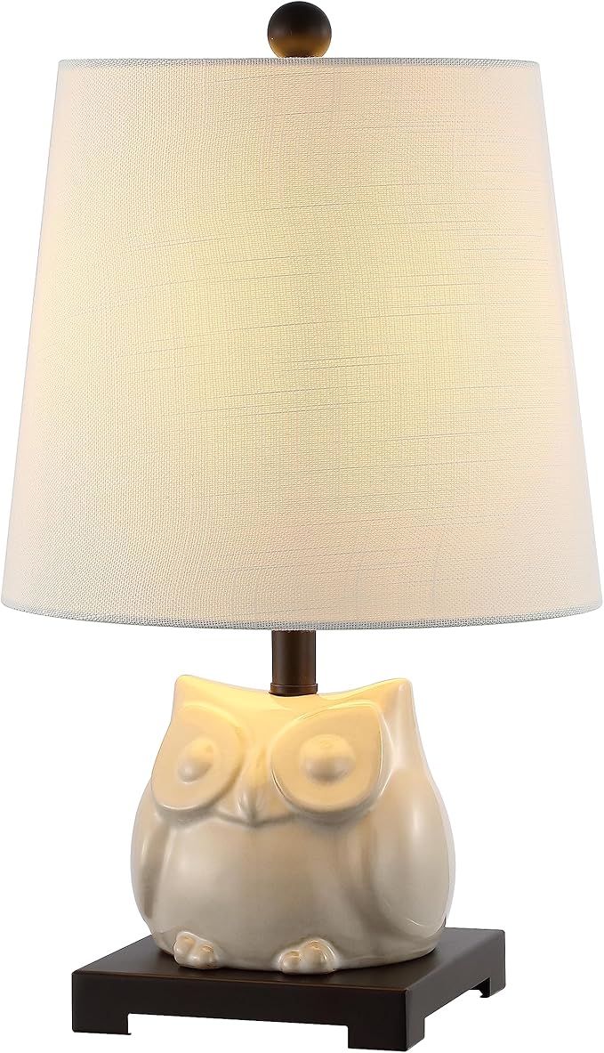 JONATHAN Y 16" Antique White Ceramic Owl Mini Table Lamp for Bedroom or Office, Modern Farmhouse Nightstand Lamp with White Linen Shade, LED Bulb Included (JYL3014B)