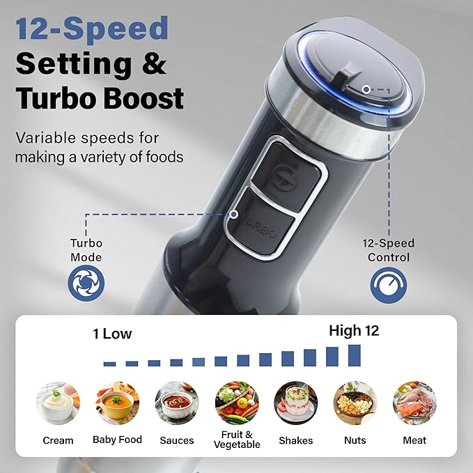 Immersion Blender Handheld, 5 in 1 Hand Blender, 12 Speed Stainless Seel Immersion Blender, Whisk, Chopper, Beaker, Beaters, Christmas Gift, New Year Gift