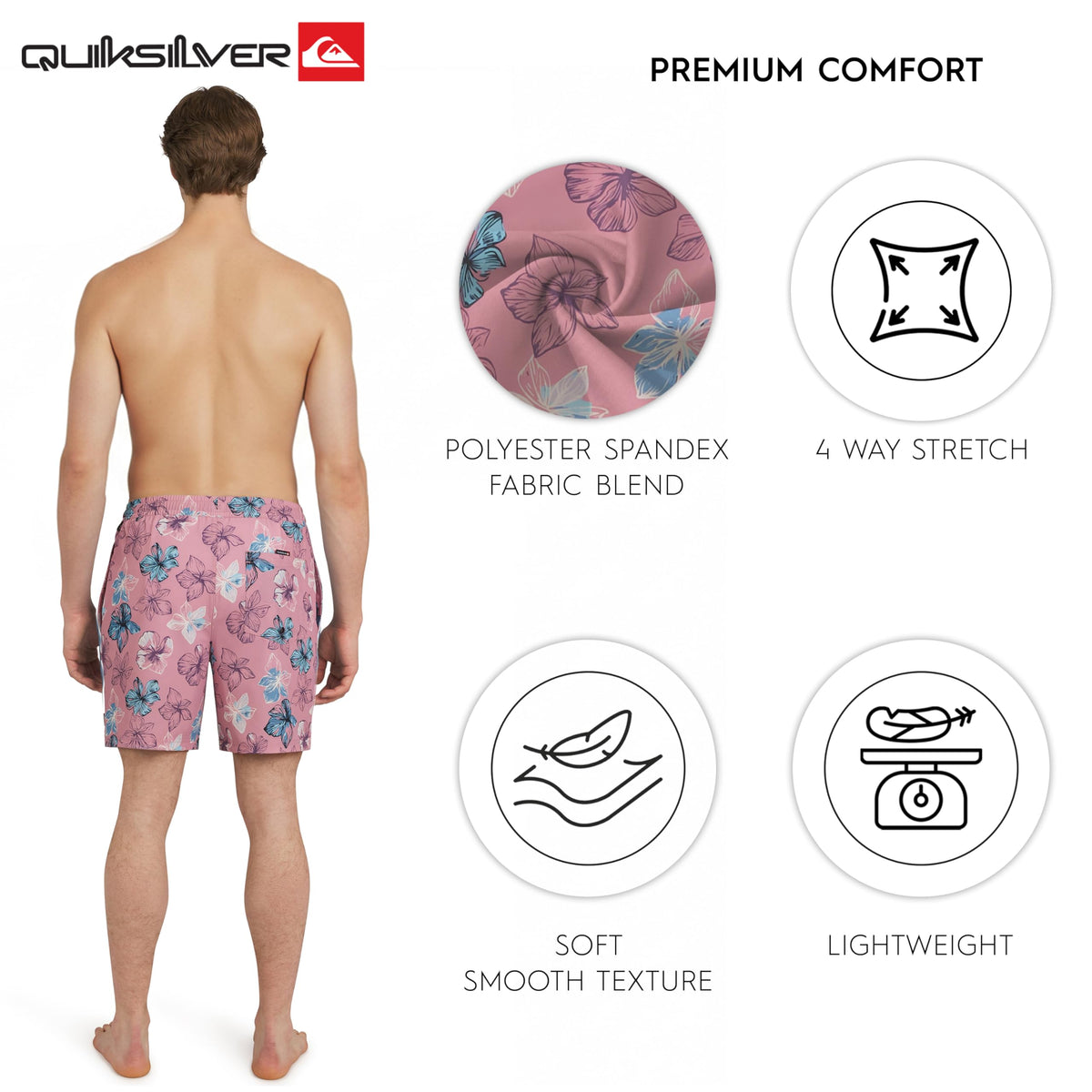 Quiksilver Men's Swimwear Regular Fit Stretchable Comfort Liner Swim Trunks, Floral Design - Dusty Rose, Medium