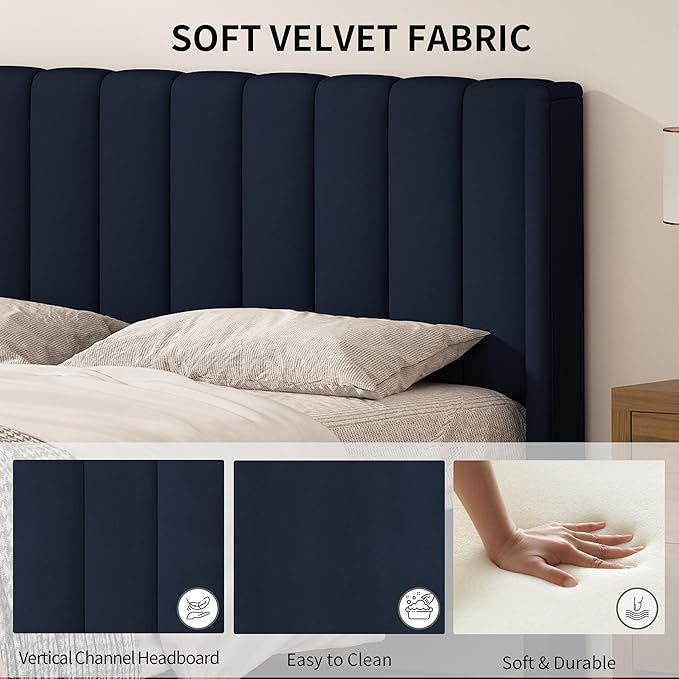 King Size Upholstered Platform Bed Frame with Modern Wingback & Vertical Panel Headboard, Linen Fabric, Wooden Legs & Slats Support, No Box Spring Needed, Noise-Free & Easy Assembly, Dark Blue