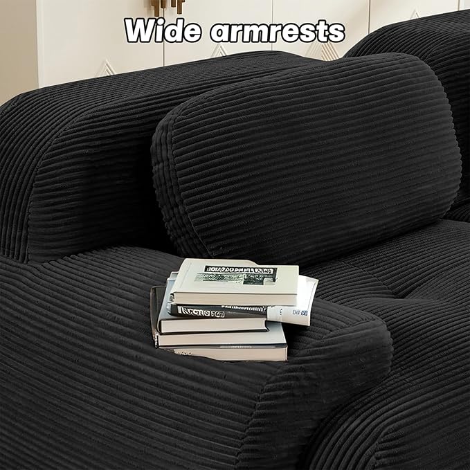 116" Modern Compressed Boneless Couch, 3 Seater Sectional Couches for Living Room, Black Corduroy Cloud Modular Sectional Sofa, Comfy Memory Foam, Extra Deep, Sofas para Sala, No Assembly