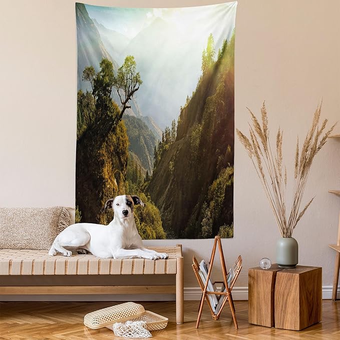 Ambesonne Landscape Tapestry Queen Size, Forest Nepal Himalaya Mountains Sunlight Majestic Scenery Nature Photo, Wall Hanging Bedspread Bed Cover Wall Decor, 88" X 88", Green Pale Yellow