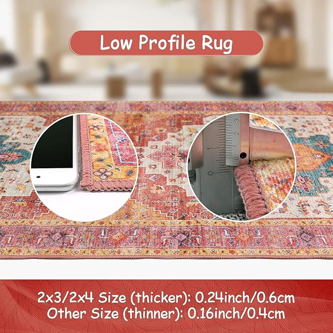 Moynesa Ultra-Thin Washable Runner Rug - Pink 2x4 Bedroom Bathroom Rug Runner Non-Slip Kitchen Rugs, Vintage Stain Resistance Low Pile Entryway Carpet Runner for Hallway Laundry Room
