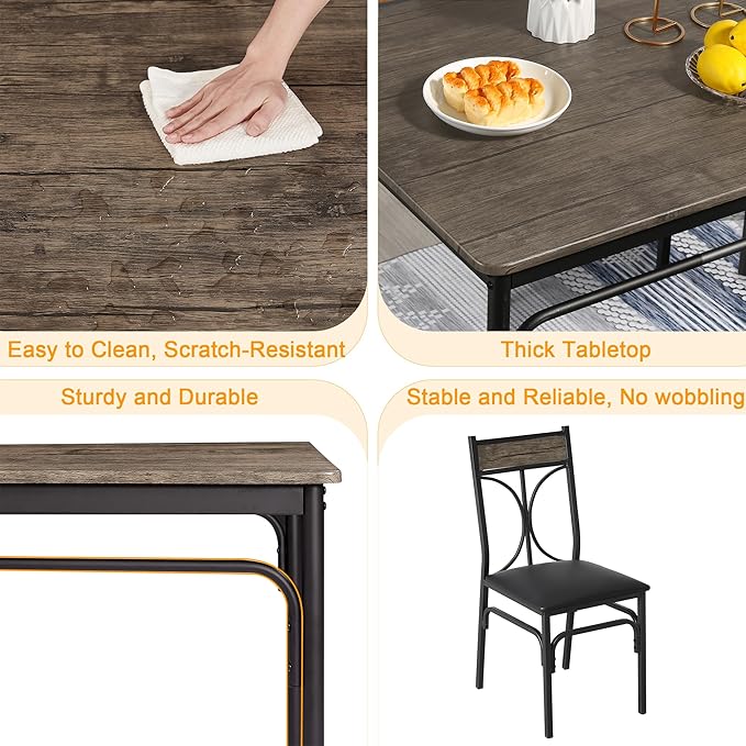 VECELO Dining Table Set for 4, Kitchen Table Set with 4 Chairs for Small Space, Space-Saving and Modern Design, Apartment, Easy to Assemble,Classic Brown
