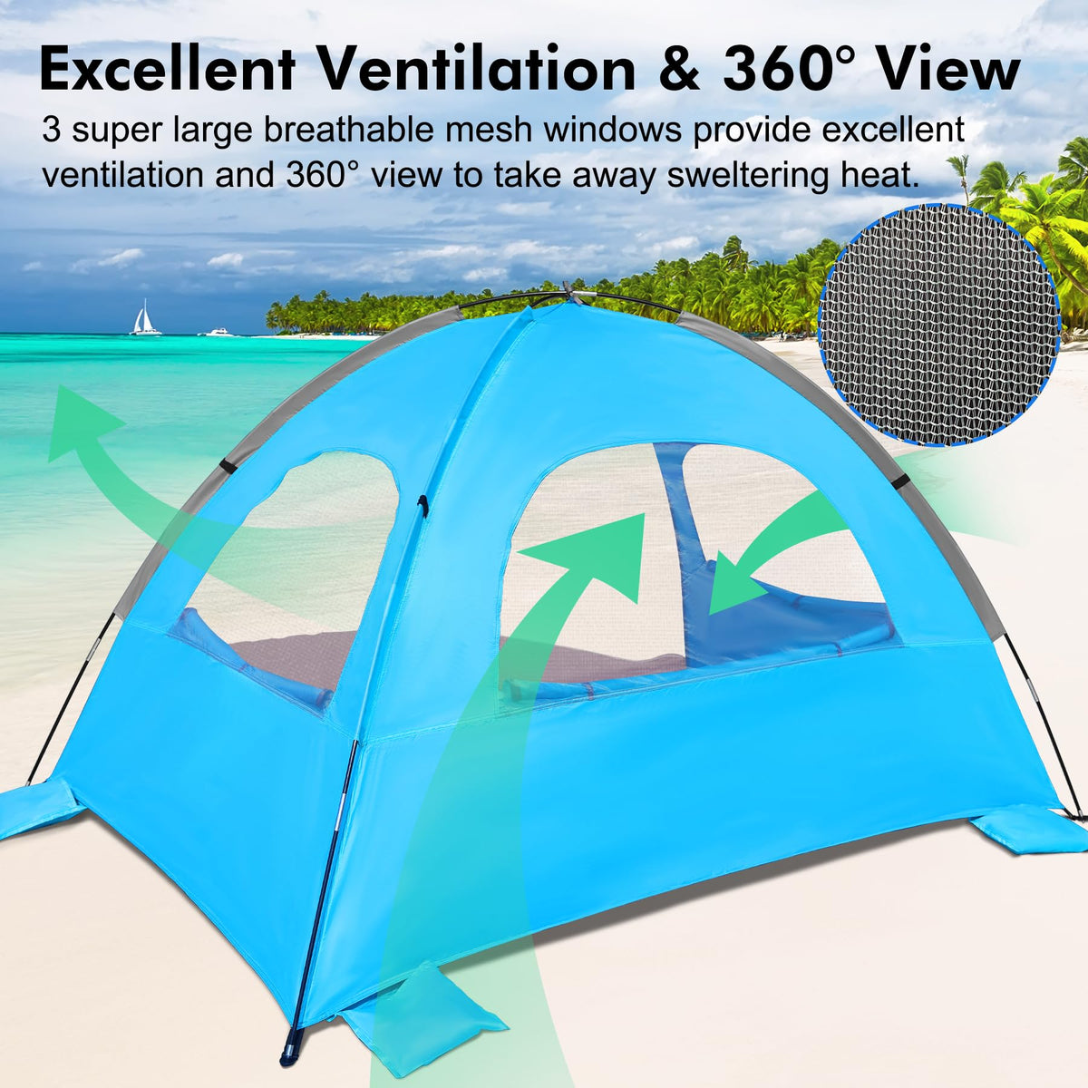 WhiteFang Beach Tent Anti-UV Portable Sun Shade Shelter for 4 Person, Extendable Floor with 3 Ventilating Mesh Windows Plus Carrying Bag, Stakes and Guy Lines (Blue)