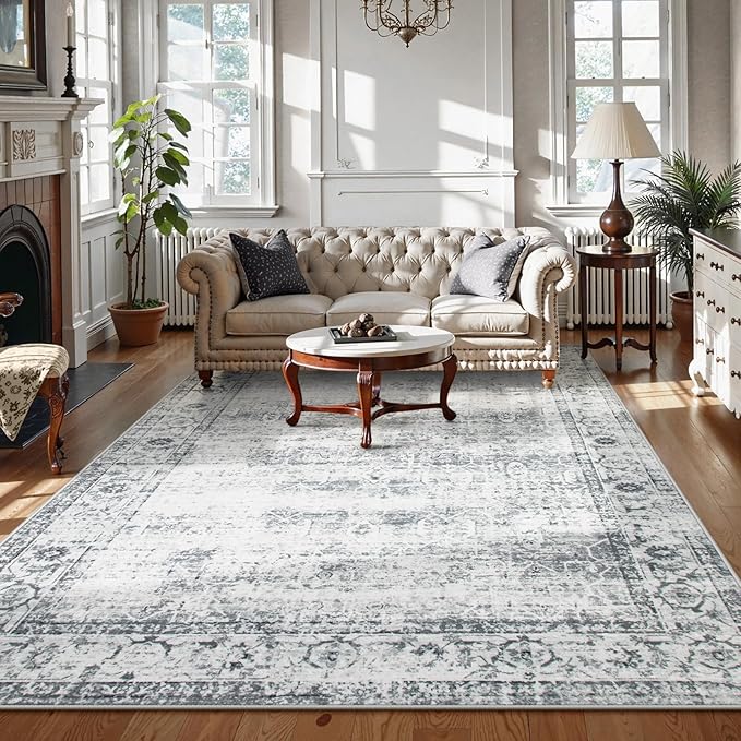 Lahome Vintage 6x9 Washable Grey Rugs for Living Room Bedroom, Soft Dining Room Rugs for Under Table, Non Slip Indoor Throw Carpet for Entryway Kitchen Office (6x9ft,Grey)