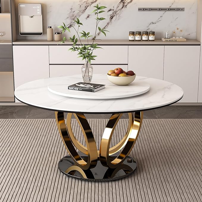 53" Round Modern Marble Dining Table with Lazy Susan, Sintered Stone Top for Kitchen, Dining Room, Dinette, Space Saving Design