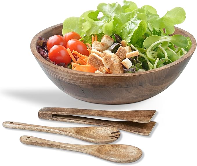 Crocon Wooden Salad Bowls Set, Round Serving Bowl for Fruits or Salads, Cereal, Corn Flake, Large Wood Serving Bowl, 12" Big Salad Bowl With Serving Utensils
