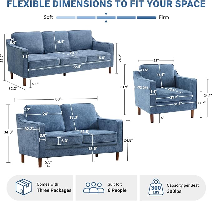 Kingfun Living Room Furniture Sets, 3 Seater Couch, Armchair and Loveseat, Mid Century Modern Sofa Set, Chenille Couch with Solid Wood Frame for Living Room & Bedroom, Light Blue