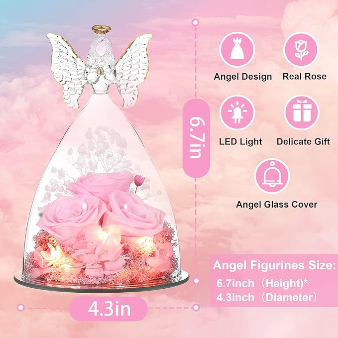 Ocosy Mothers Day Rose Gifts for Her, Large Angel Rose Gifts for Women, Forever Real Roses in Figurines, Guardian With Roses Flower, Peach Pink