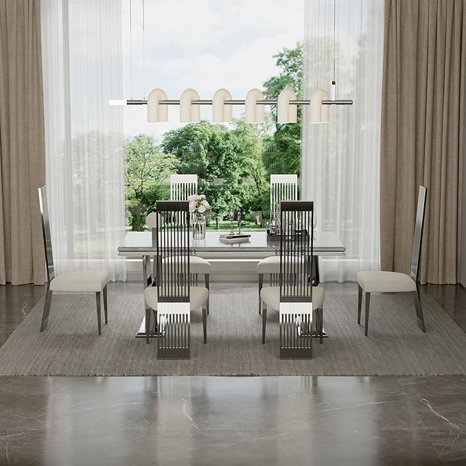 Modern Dining Chairs Set of 6, White Boucle Dining Room Chairs with Silver Polished Stainless Steel Legs, Upholstered Chairs with High Back and Metal Legs for Kitchen/Living Room/Restaurant