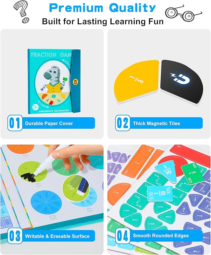 Magnetic Fraction Demonstration Book, 102 Pcs Magnetic Fraction Tiles & Circles Set for Kids, Fraction Manipulatives Montessori Math Games for Elementary School