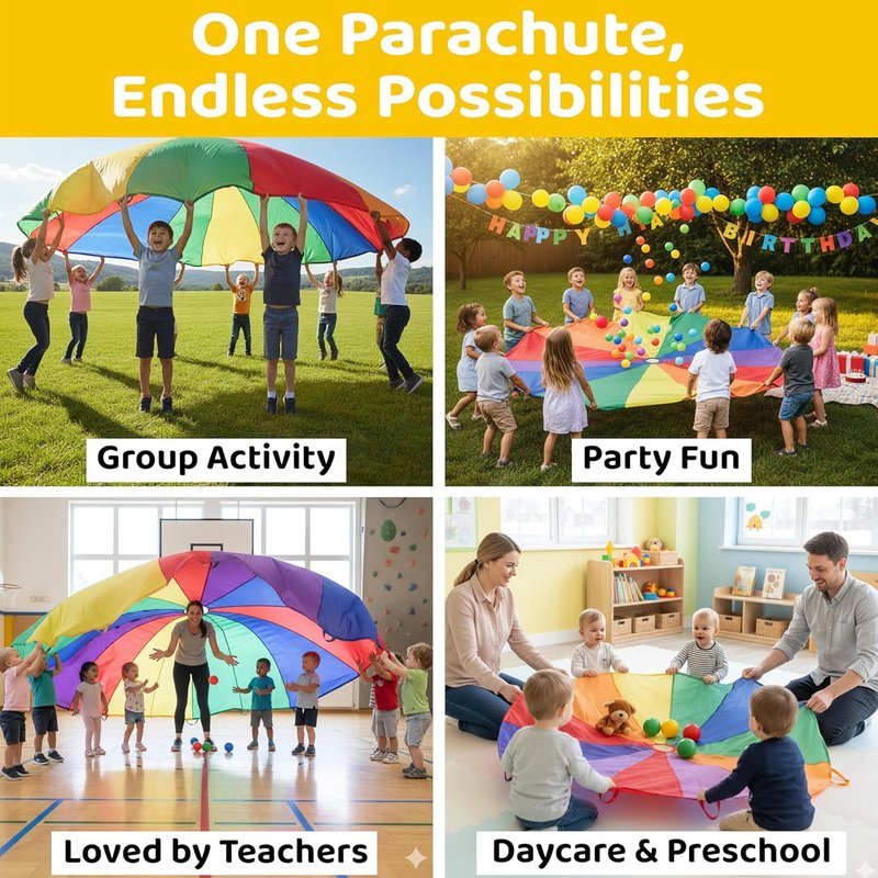 GSi Kids Play Parachute Rainbow Parachute Toy Tent Game for Children Gymnastics Cooperative Play and Outdoor Playground Activities