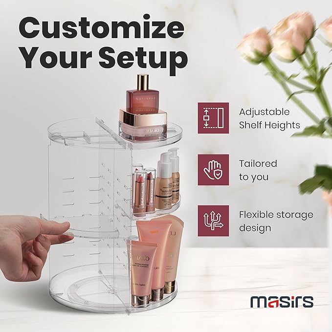 Masirs 360 Rotating Makeup Organizer - Adjustable Shelf Height and Fully Rotatable - The Perfect Round Spinning Cosmetic Organizer for Bedroom Dresser or Vanity Countertop Storage (Clear)