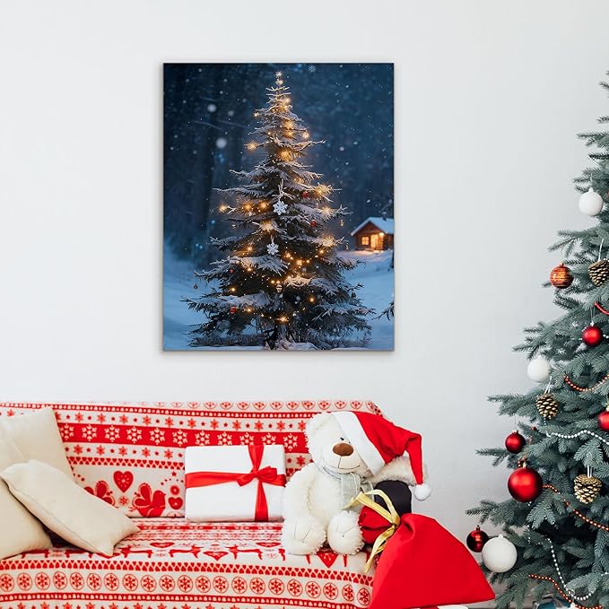 Framed Christmas Pictures Wall Decor,Vintage Pine Tree Prints,Winter Christmas Canvas Wall Art Decoration for Bedroom Bathroom Living Room Rustic Xmas Holiday Gifts (Christmas Tree 19, 24'' X 36'')