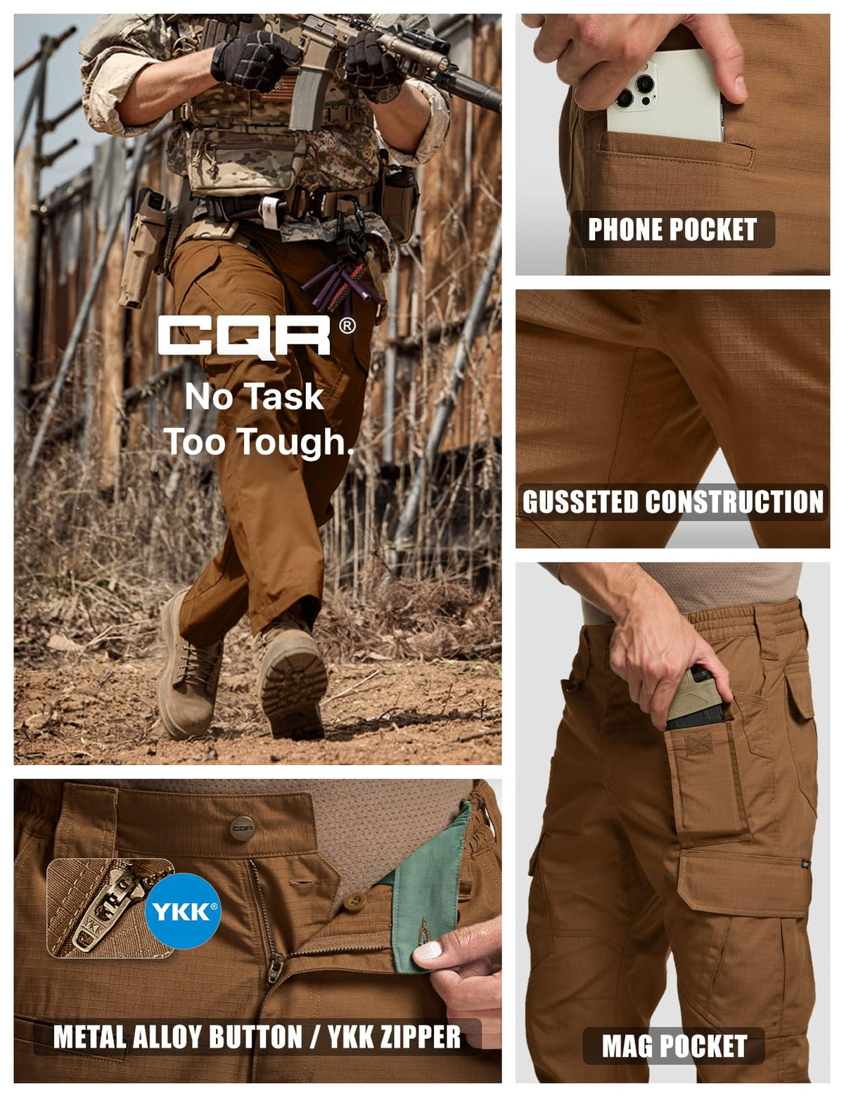 CQR Men's Tactical Pants, Water Resistant Ripstop Cargo Pants, Lightweight EDC Work Hiking Pants, Outdoor Apparel, Duratex Mag Pocket Copper Brown, 30W x 30L
