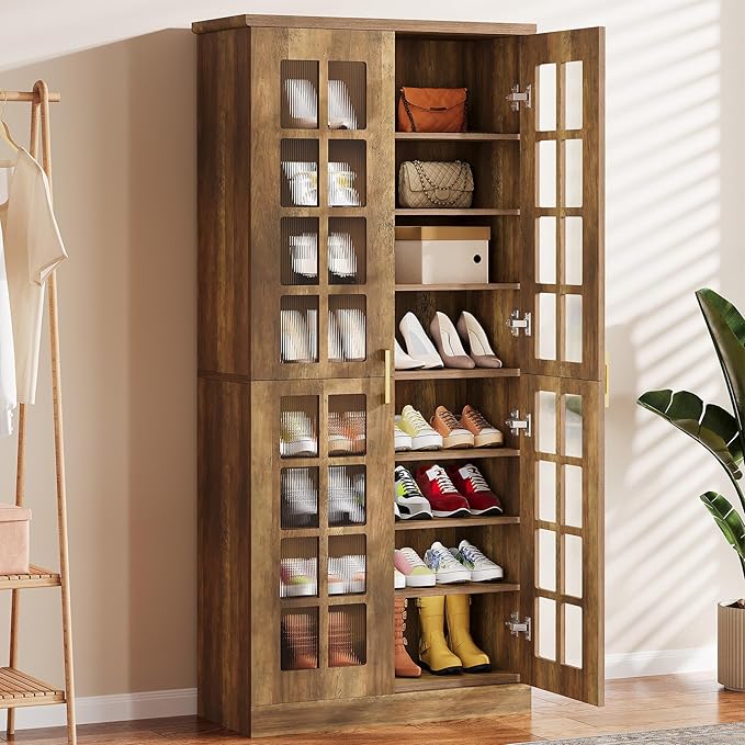 Tribesigns Tall Shoe Cabinet with Doors, 8-Tier Shoe Storage with Adjustable Shelves, Modern Shoe Organizer Shoe Rack Cabinet for Entryway, Hallway, Closet, Living Room, Rustic Brown