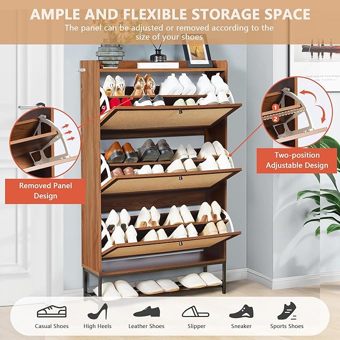 LEVNARY Shoe Storage Cabinet with 3 Flip Drawers, Freestanding Shoe Cabinet Storage Organizer for Entryway, Wooden Narrow Shoe Racks Cabinet with Metal Legs for Hallway (Walnut)