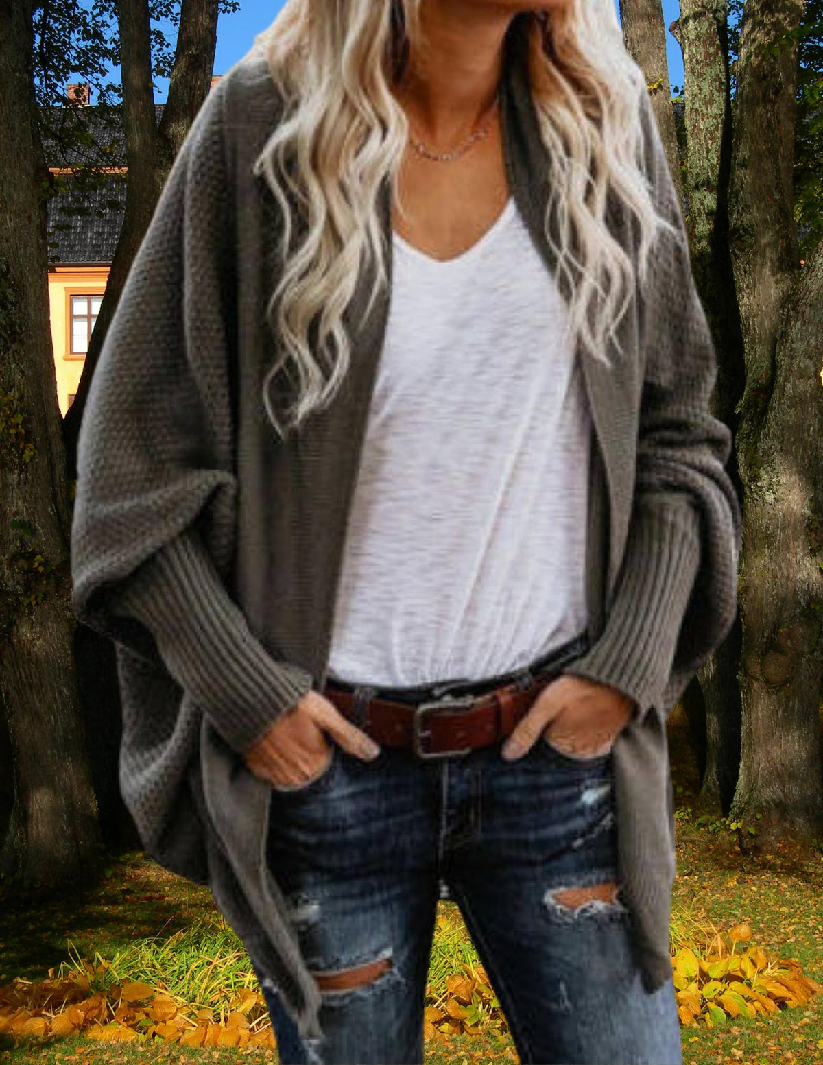 LIZALIG Women's Kimono Batwing Cable Knitted Slouchy Oversized Wrap Cardigan Sweater