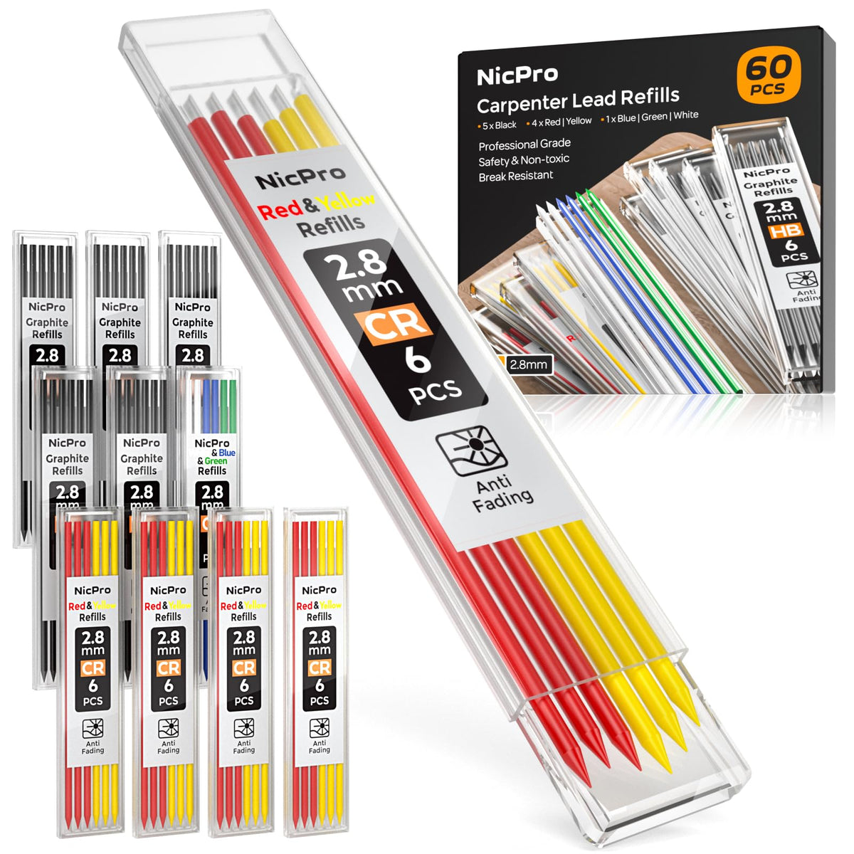 Nicpro 60 PCS Carpenter Pencil Refills - 2.8mm Lead for Mechanical Pencils, Construction & Woodworking - Break Resistant (Black, Red, Yellow, Green, Blue, White)