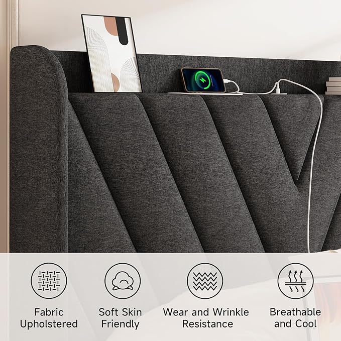 koorlian Queen Bed Frame with Headboard, Adjustable Upholstered Platform Bed Frame with Type-C&USB Ports, Wingback Storage Headboard, Solid Wood Slats Support, No Box Spring Needed, Dark Gray