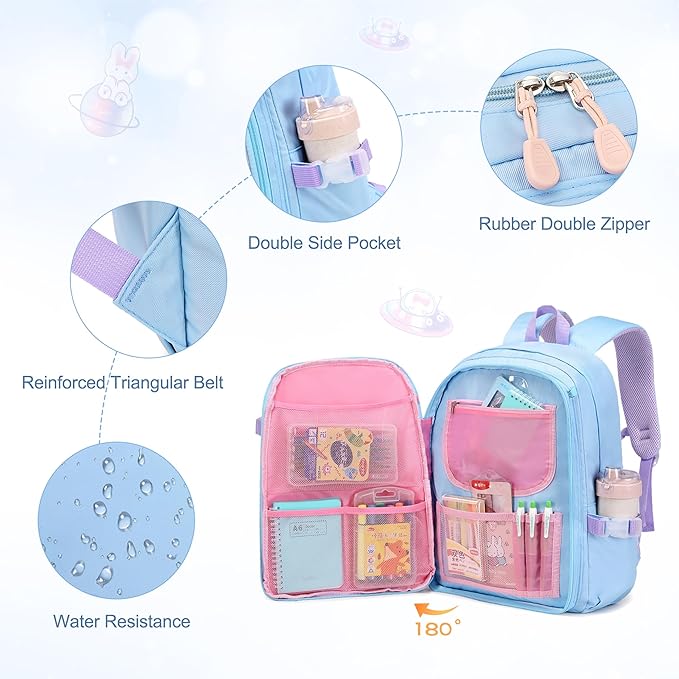 Girls Backpack Set, 3PCS Kids Backpacks for Girl, Cute Bunny School Backpack for Girls Kids Teen Kindergarten Elementary Preschool Middle School Bags with Lunch Box Pencil Case Blue
