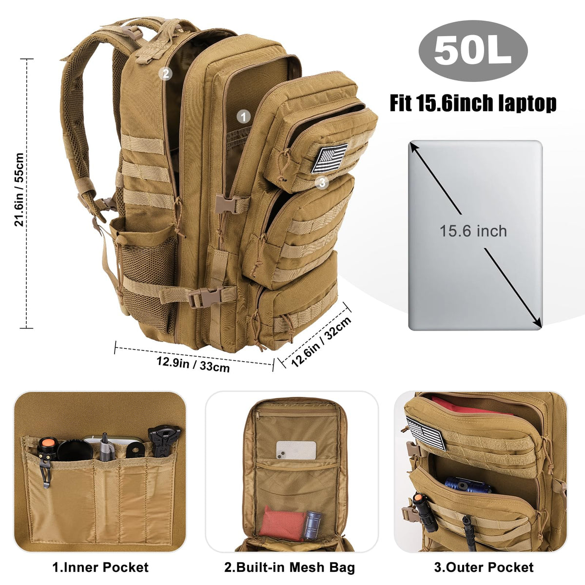 kookoomia Military Tactical Backpack 50L Large Day Backpack for Men Molle Army 3 Days Assault Pack Bug Out Bag Water Resistant and Heavy Duty Hiking Treeking Rucksack - Brown