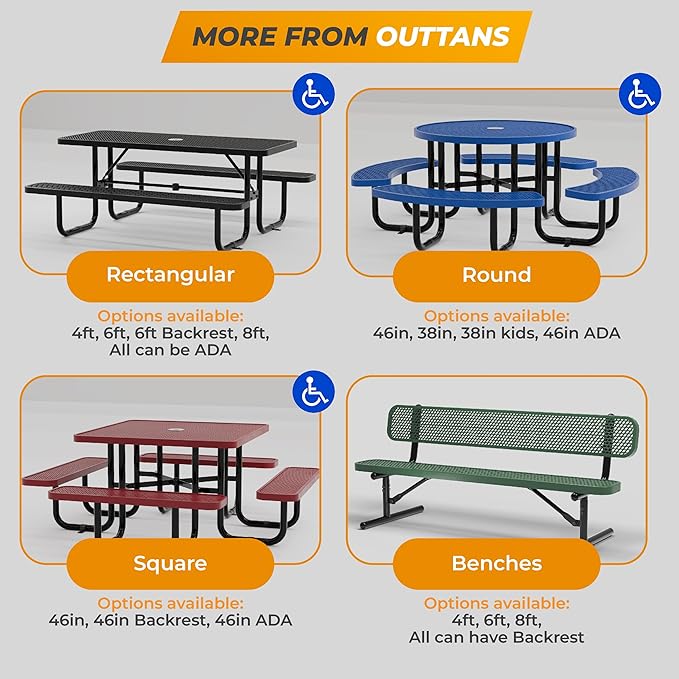 Metal Picnic Tables for Outdoors with Umbrella Hole - Coated Steel Heavy Duty Commercial Grade Furniture Set with Adjustable Seats (Blue, 46 in, Round, Expanded Steel)