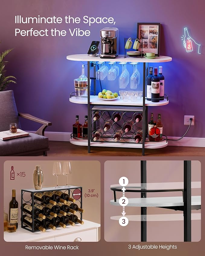 VASAGLE Bar Cabinet with LED Lights and Power Outlets, Freestanding Coffee Bar Wine Cabinet, Wine Rack, Glass Holder, Mini Bar for Liquor and Glasses, Kitchen, Dining Room, Rustic White ULWR007W01S