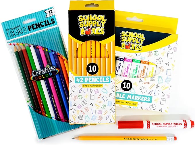 School Supply Boxes | K-5 Pallet (180 Boxes) | Back to School Essentials Kit for Students & Teachers | Includes Wide-Ruled Paper Products, Crayons, Markers, Colored Pencils, & More