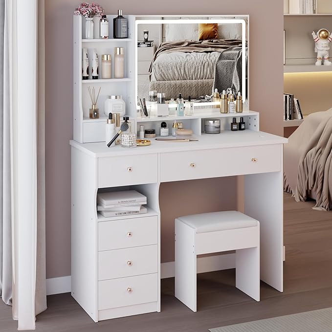 41" Vanity Desk with Mirror and Lights, Makeup Table with Led Mirror, 3 Lighting Colors, Vanity Set with 6 Drawers and Stool for Bedroom, White