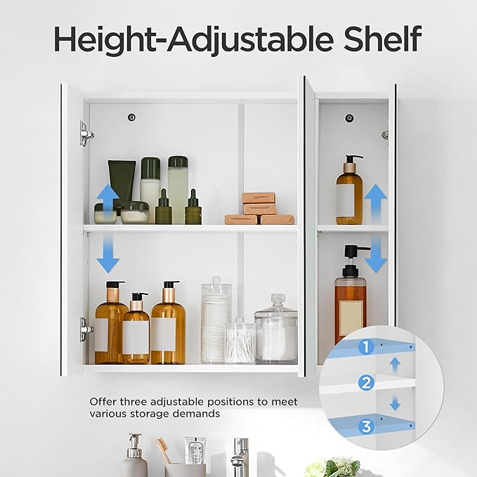 Yaheetech Bathroom Mirror Cabinet with 3 Doors, Wall Mounted Medicine Cabinet with Adjustable Shelf, Storage Cupboard for Living Room, Laundry Room, Mudroom, White