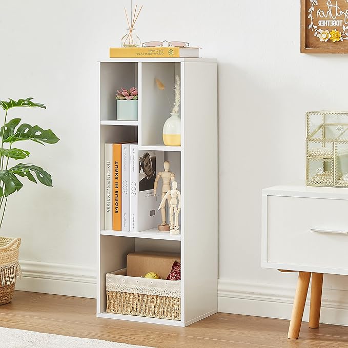 VECELO Small White Bookshelf, 4 Cube Slim Bookcase, Fits Tallest Hardcovers, Horizontal Available, Modern Floor Standing Unit, Each Shelf Hold Up to 66 LBS,White