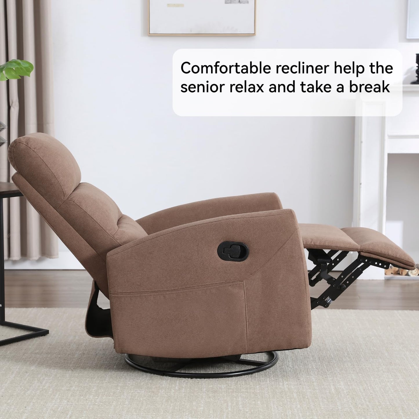 KEIKI Swivel Rocker Recliner Chair with Adjustable Backrest & Pockets, Ergonomic Lounge Sofa Chair for Living Room Bedroom, Brown