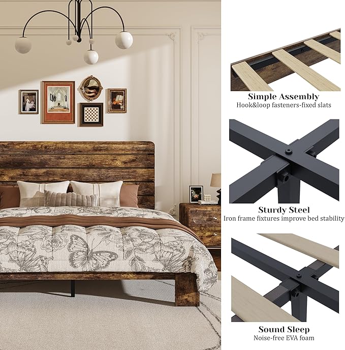 Queen Size Wooden Bed Frame with Headboard, Rustic Farmhouse Platform Bedframe with Wood Slat Support, Sturdy and No Noise, Easy Assembly (Brown, Queen)