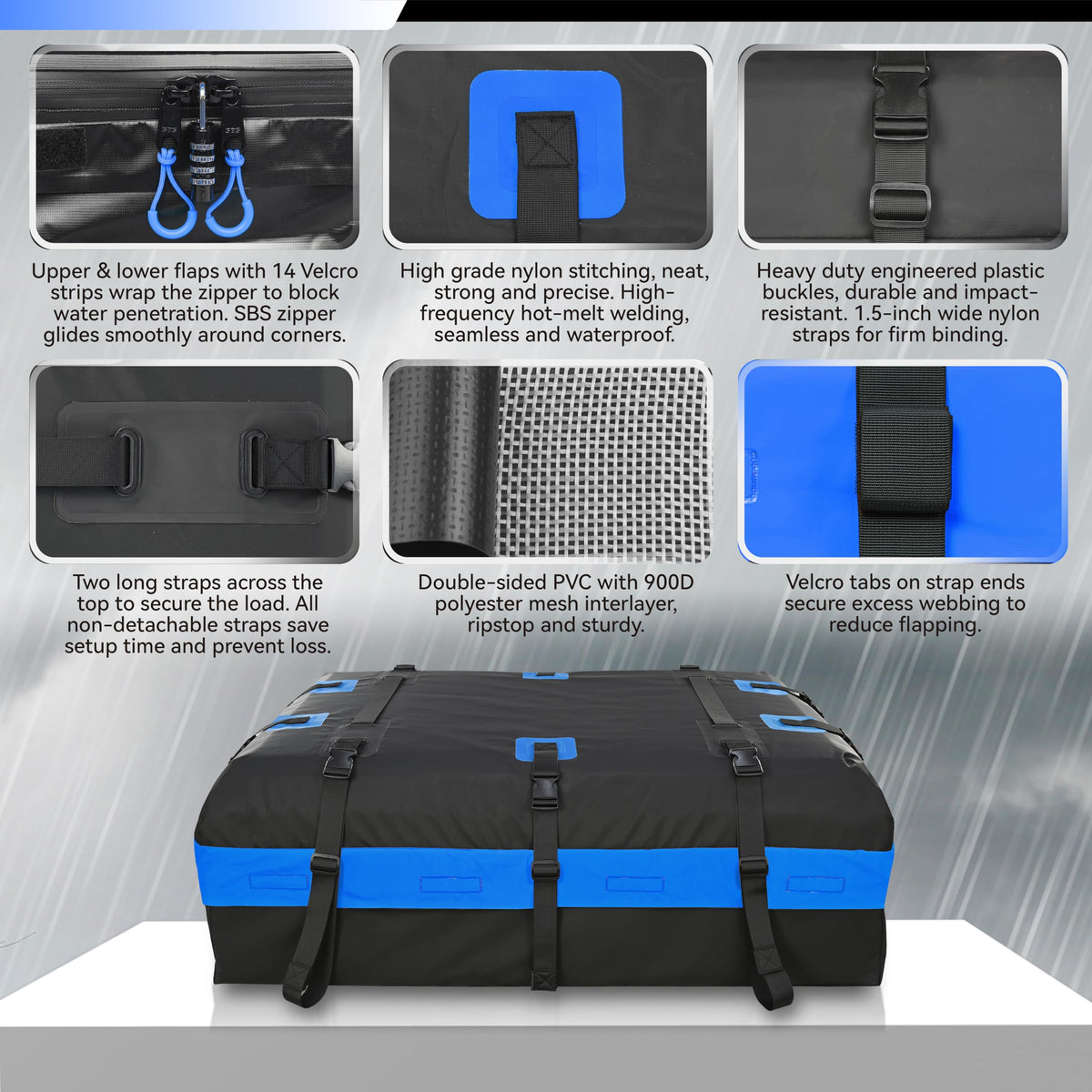 MARCHWAY Waterproof Car Roof Luggage Bag, Weatherproof Soft Shell Rooftop Cargo Carrier Bag for Vehicles with or Without Rack. 6 Door Hooks, Anti Slip Mat, Lock Included (21 Cubic Feet, Blue)