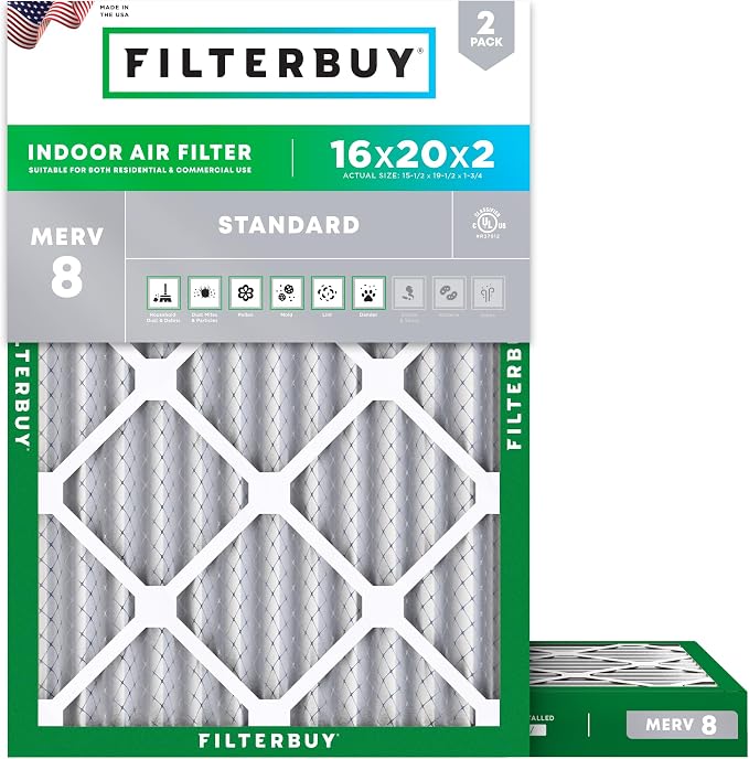 Filterbuy 16x20x2 Air Filter MERV 8 Essential Dust & Allergy Defense,