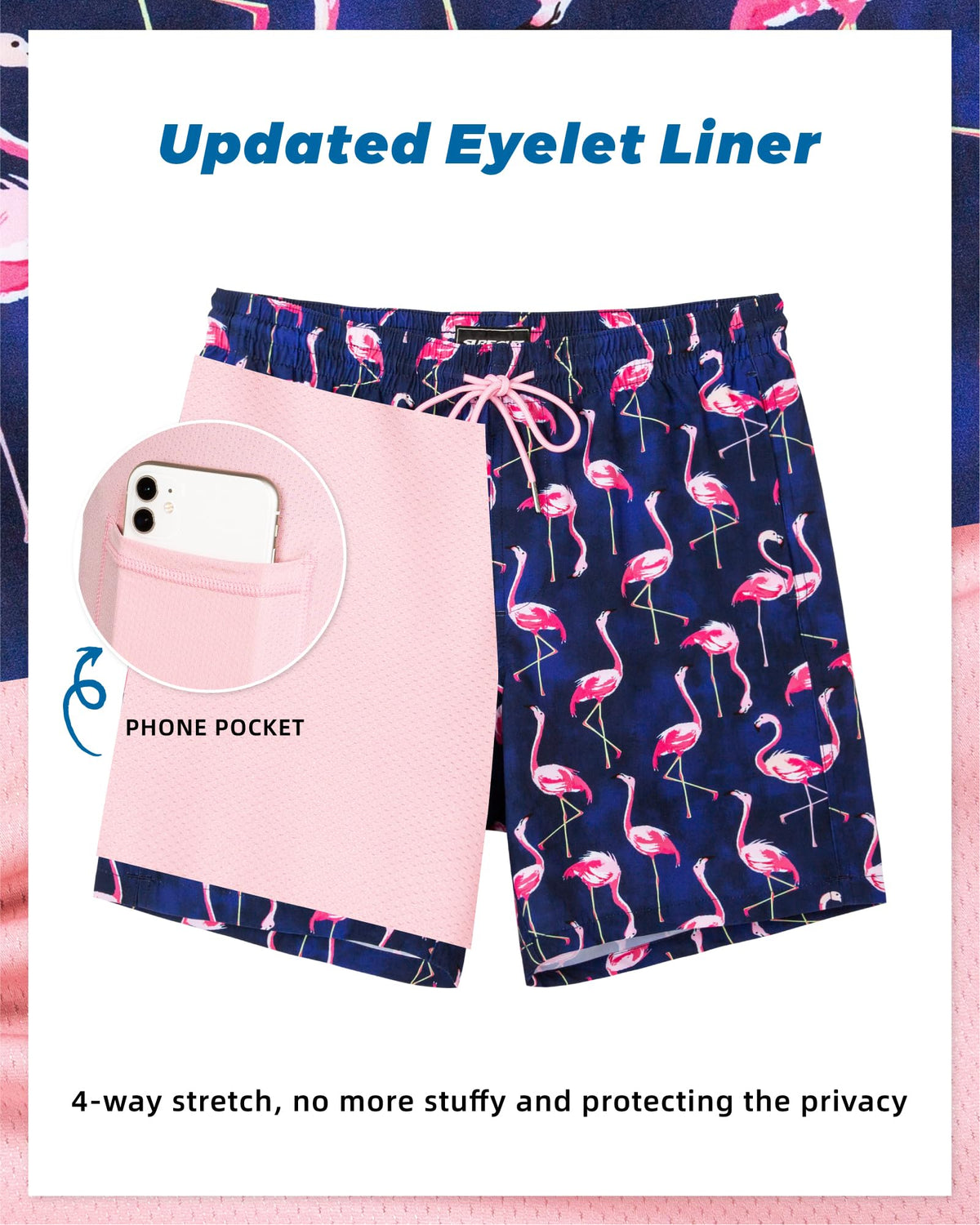 SURF CUZ Mens Swim Trunks with Compression Liner Quick Dry Swim Shorts 7" Swimming Trunks Stretch Bathing Suit 7 Inch,Flamingo Pink,XL
