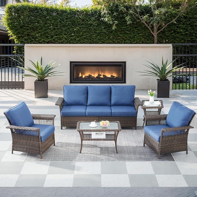 Wicker Outdoor Chairs Set of 2 - Hollow Widen Armrests Patio Furniture Set with Comfortable Thickened Cushion, High Back Outdoor Rattan Chairs for Balcony Porch Deck and Yard - Brown - Blue